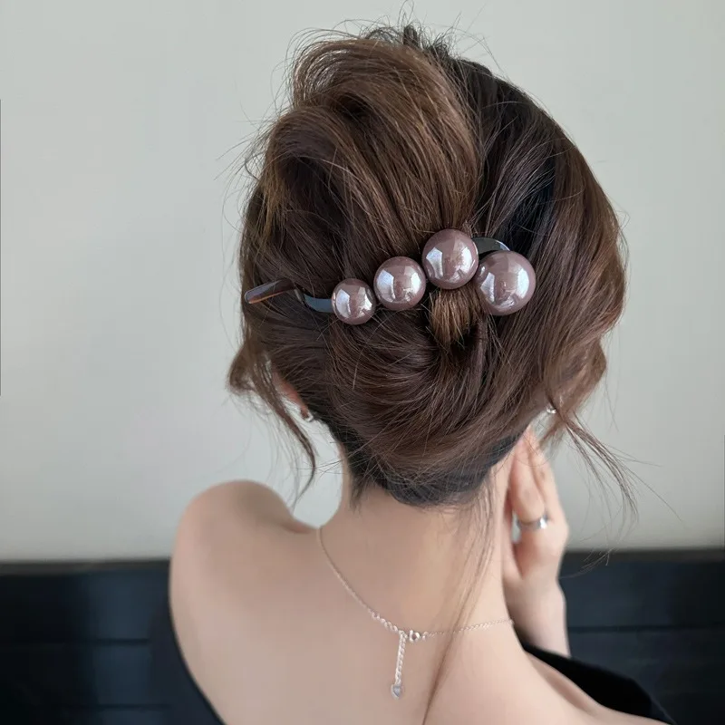 Large Pearl Straight Hair Clip Women 2024 New Model Simple High-end The Back of The Head Twist Clip Temperament Hair Accessorie