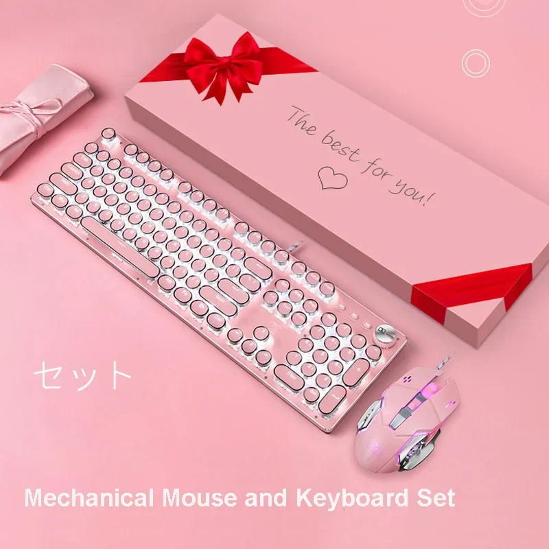 

Mechanical Keyboard Mouse Wired Full Size Pink Light LED Backlit Gaming Keyboard Gamer 104 Keys Blue switch for Desktop Laptop