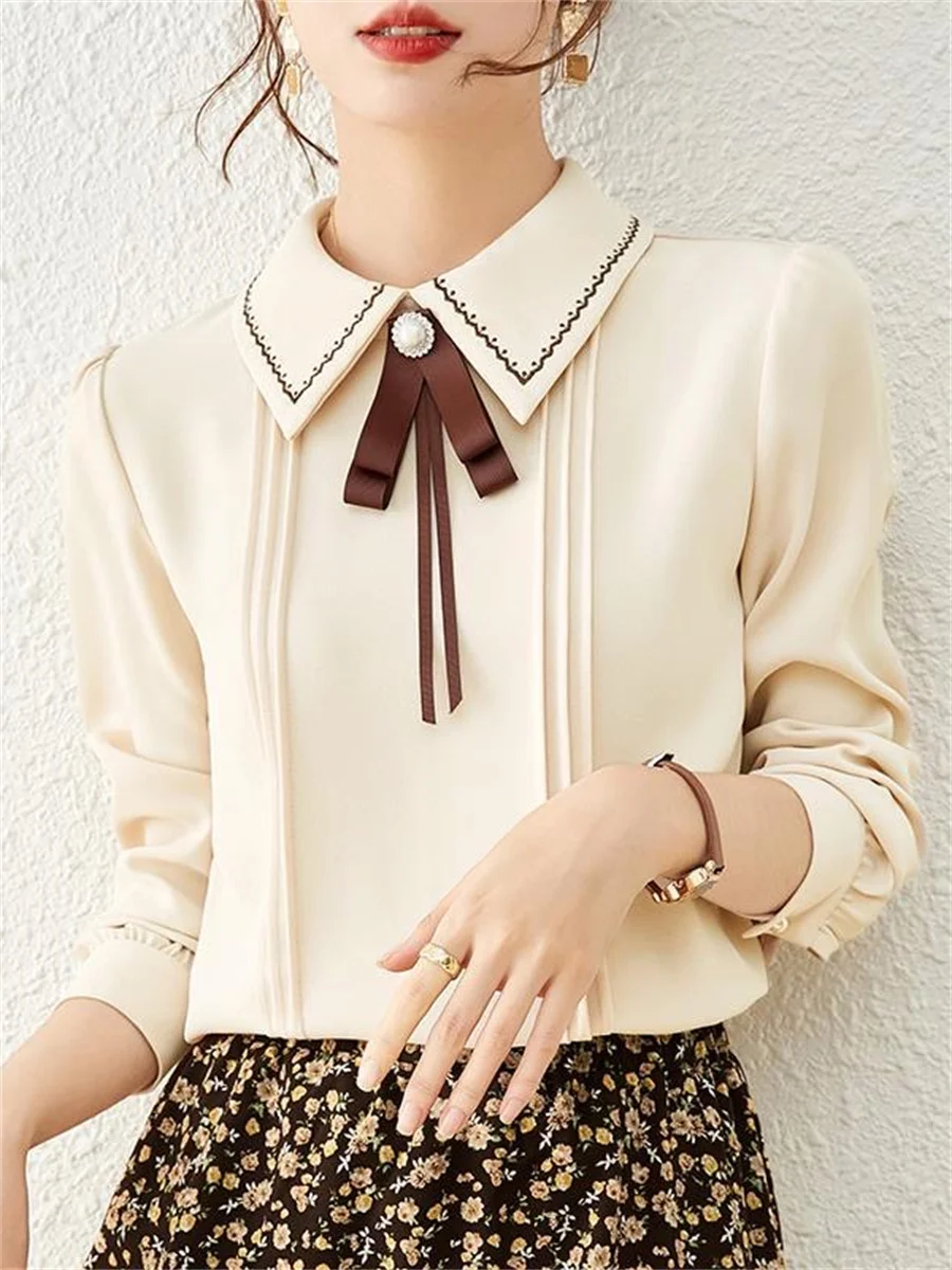 Women Spring Autumn Style Blouses Shirts Lady Casual Long Sleeve Peter Pan Collar Blusas Tops DF4655