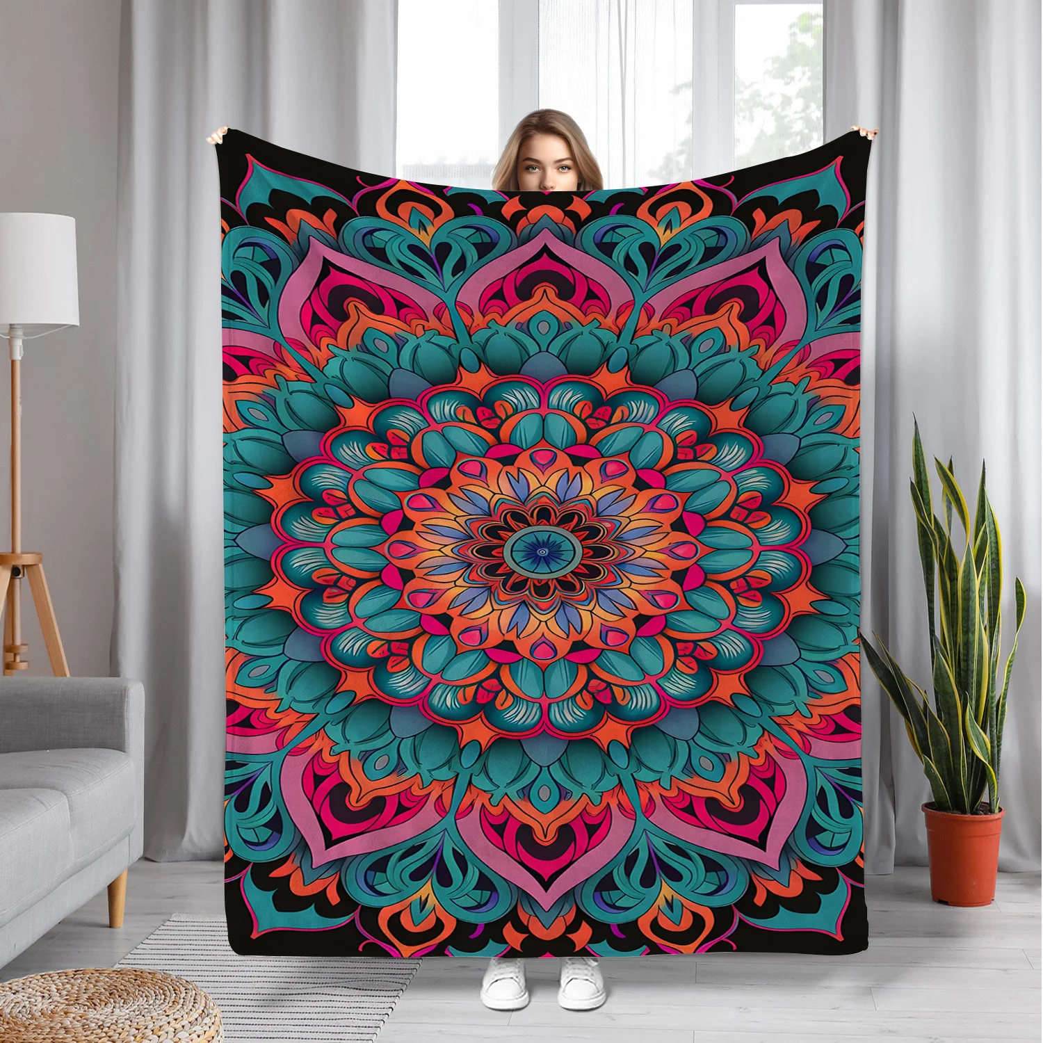 Bohemian Mandala Flannel Throw Blanket - Soft, Warm & Cozy for Couch,, Office, Camping & Travel - Versatile All-Season Gift
