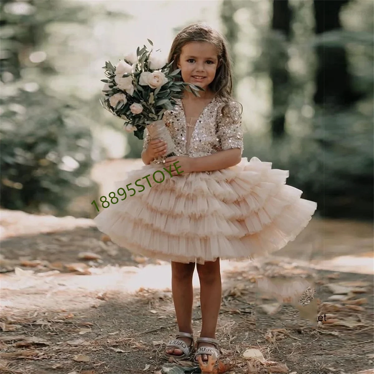 

Gold Sequined Flower Girls Dresses for Kids 2024 Summer New Full Sleeve Wedding Party Dresses Tiered Knee Length فلور فتاة اللبا