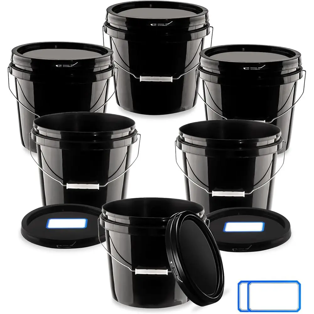 

6-Pack 2-Gallon Black Buckets with Lids and Handles for Storage, Painting, Brining, Fermenting Beverages