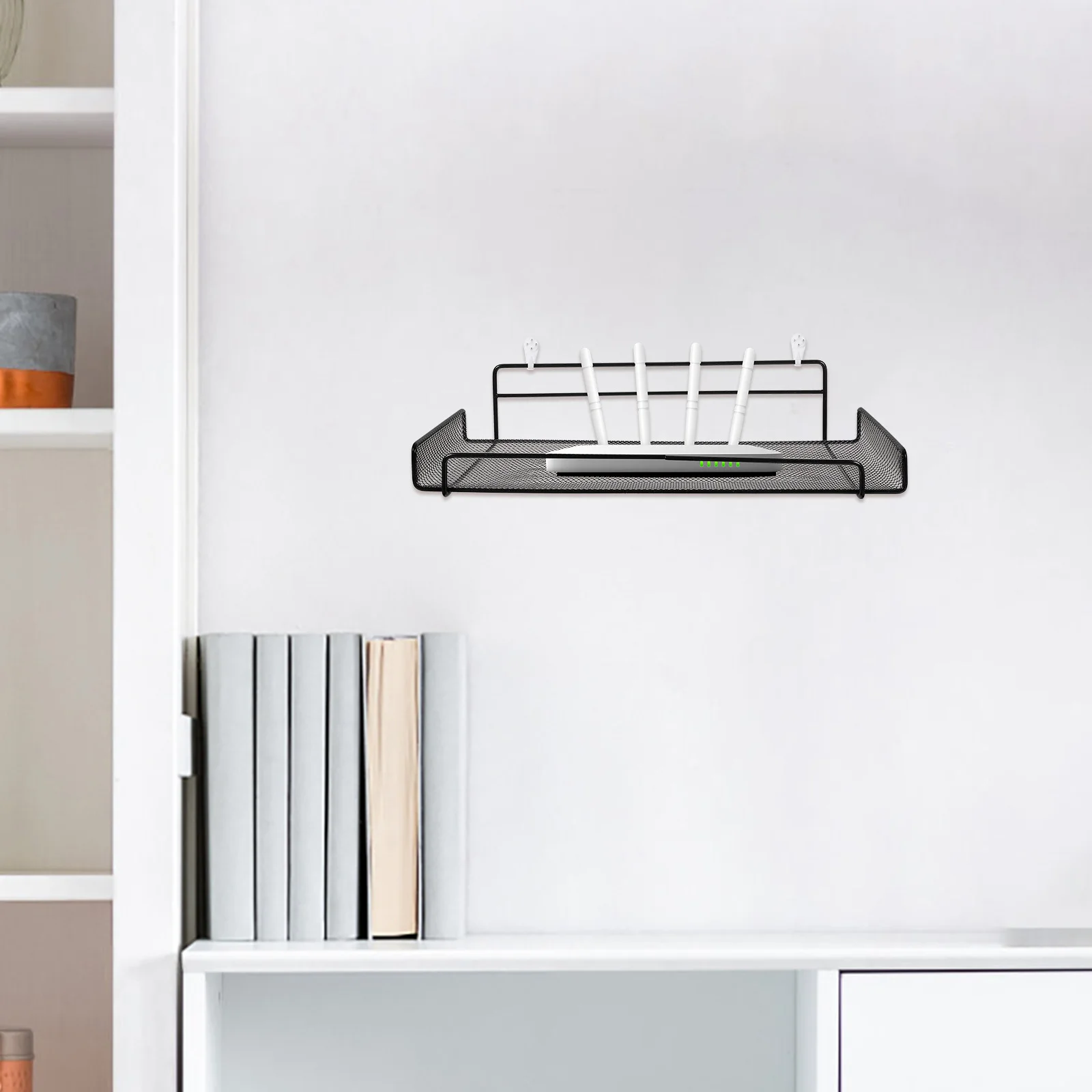 Prateleira montada na parede, prateleira adesiva de ferro de grande capacidade para decoração de parede, rack de armazenamento para dispositivos wi-fi, sem broca, prateleira flutuante