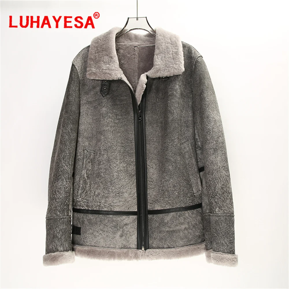 2024 Men Gray Australia Merino Sheepskin Shearling Fur Coat Luhayesa Winter Fashion Genuine Leather Fur Jacket