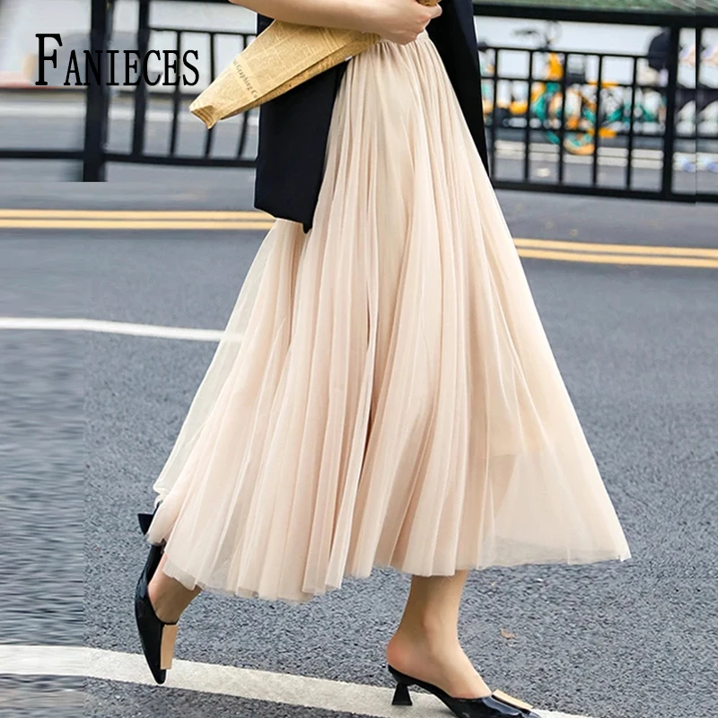 

FANIECES faldas para mujeres Mesh Tulle Pleated Skirts for Women Solid Apricot Pink Tierred Skirt Elastic High Waist Midi Skirt