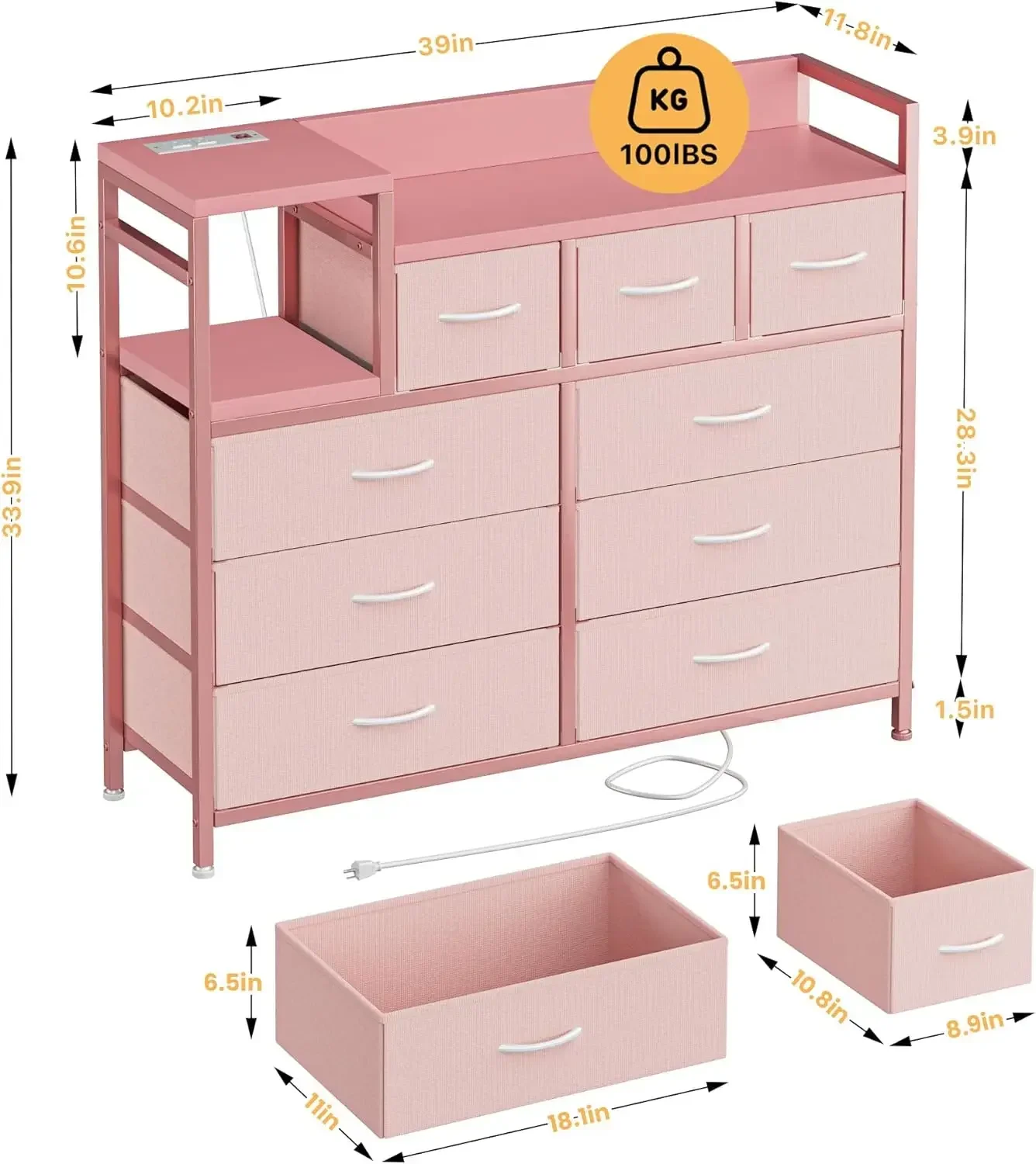 Dresser TV Stand with Power Outlet, Bedroom Dresser with 9 Drawers, Chest of Drawers for Living Room, Hallway(Pink)