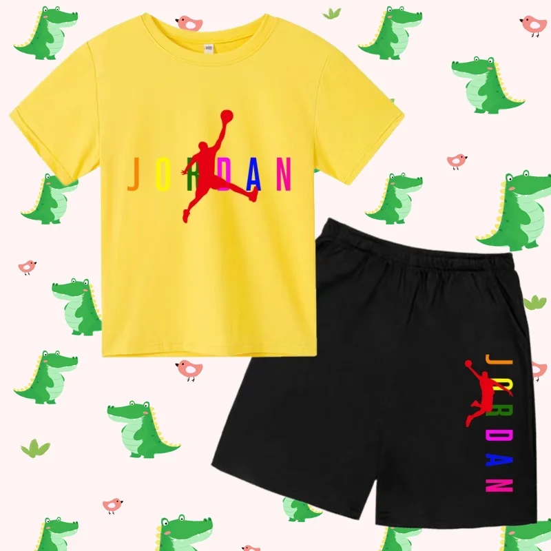 

Kids Brand Letter Celebrity Idol Print Cool Round-Neck Yellow T-shirt Summer Boy Girl Casual Short-Sleeved+Shorts 2P Fashion Set
