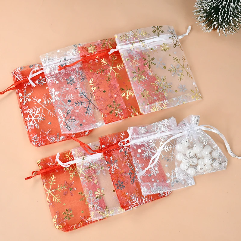 10 Stück Organza-Geschenktüten, kleine Süßigkeiten-Schmuck-Verpackungsbeutel, weiß, rot, Schneeflockenmuster, Weihnachtsgeschenke, Aufbewahrungsbeutel mit Kordelzug