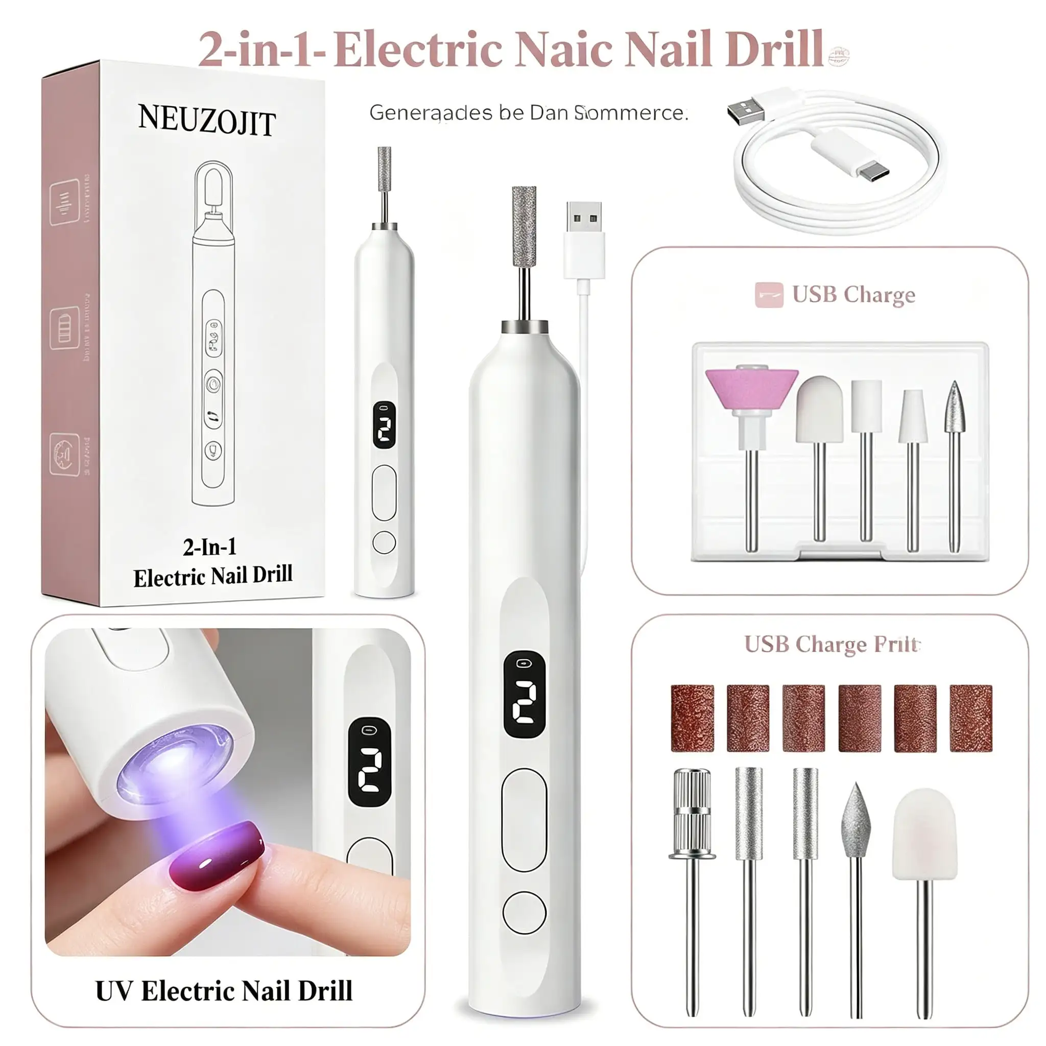 Cordless Nail Drill Electric Nail File Kit, Rechargeable Efile Set, Portable Acrylic Gel Nail Polish Remover Machine, Pedicure Manicure Tool, 11 Bits, 6 Sanding Bands, Salon Home
