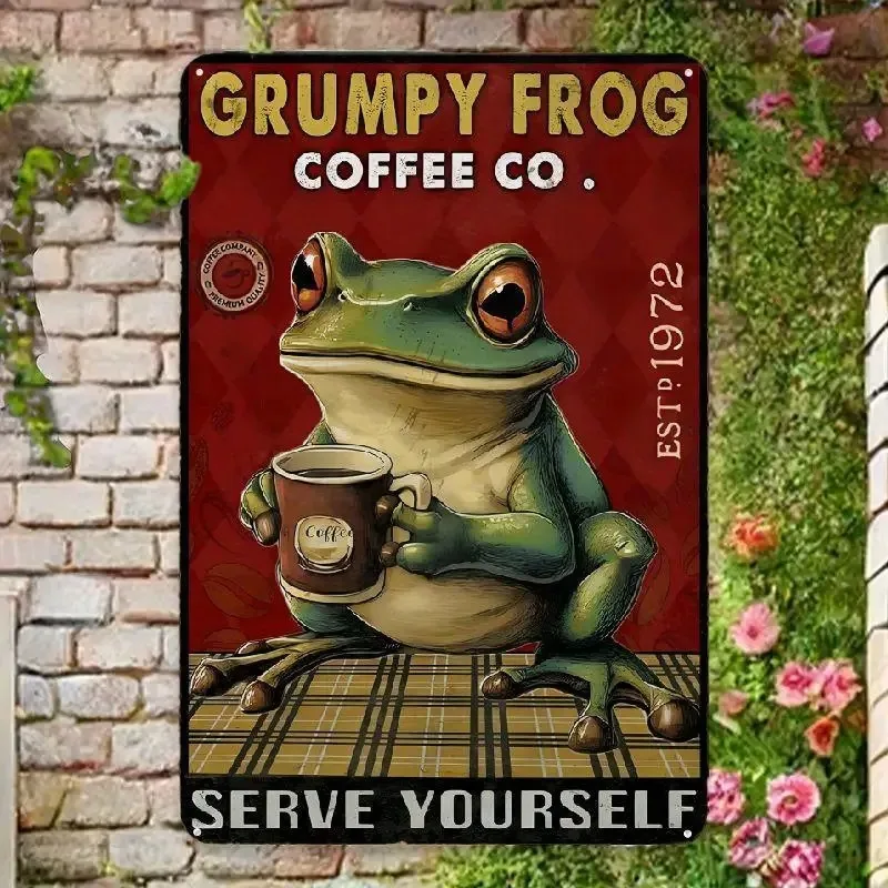 Frog Metal Wall Decor Aluminum Sign and Coffee Wall Decor Vintage Tin Sign Grumpy Frog Coffee Co. Serve Yourse Kitchen Metal