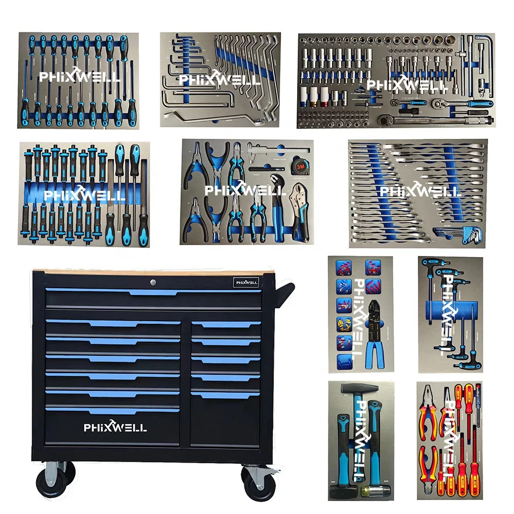 12 Drawers Garage Tool Box Trolley Cabinet Chest Cart Roller Srorage with Tools Car Repair Kit Ratchet Socket Wrench Set Tray
