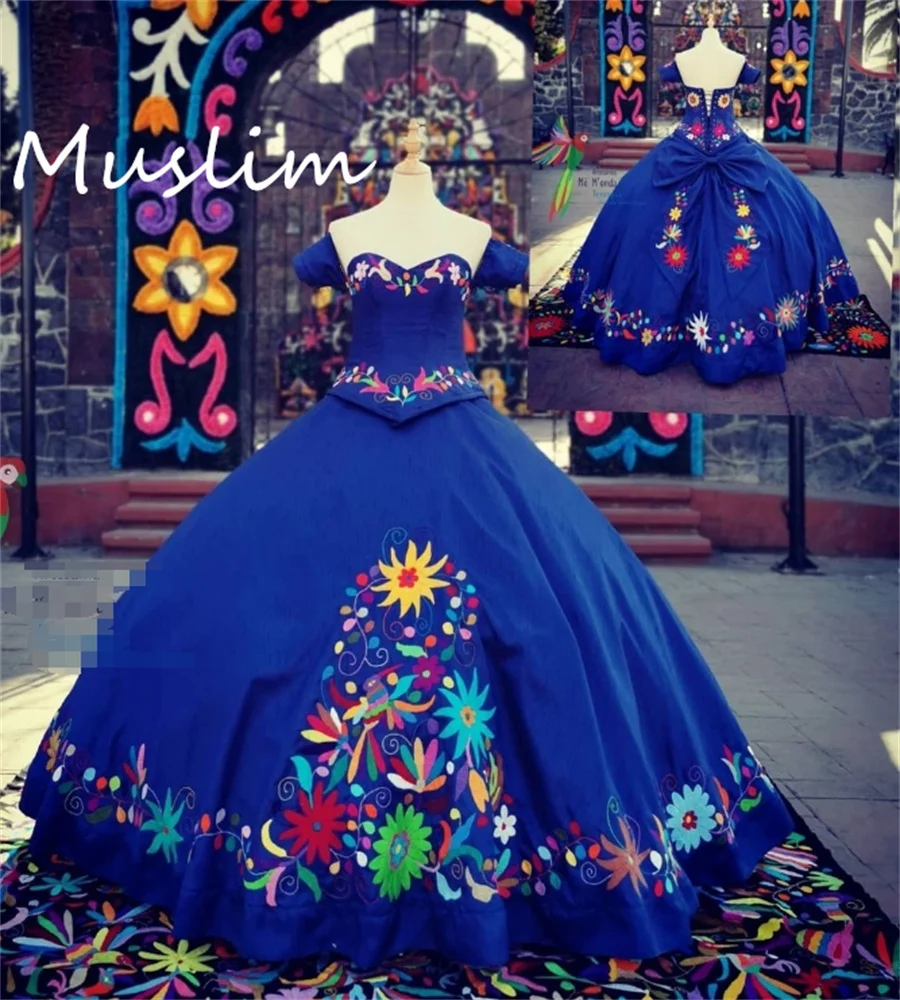 Blue Mexican Quinceanera Dress  Emboridery Flowers Short Sleeve Vestidos De 15 Quinceañera 2025 Debutante Birthday Customized