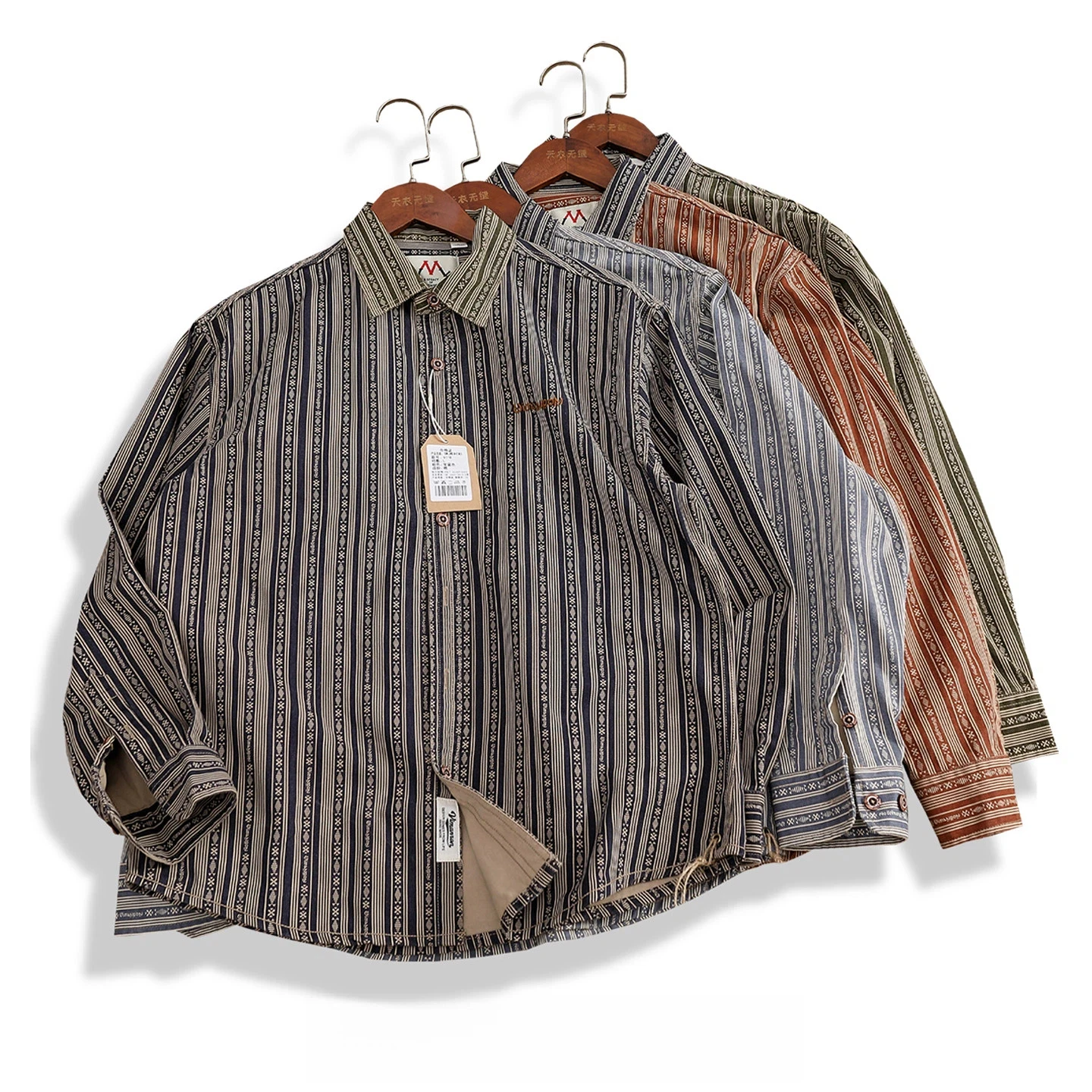 Ami khaki retro jacquard striped thick shirt men's heavy wear-resistant workwear lapel shirt casual top jacket