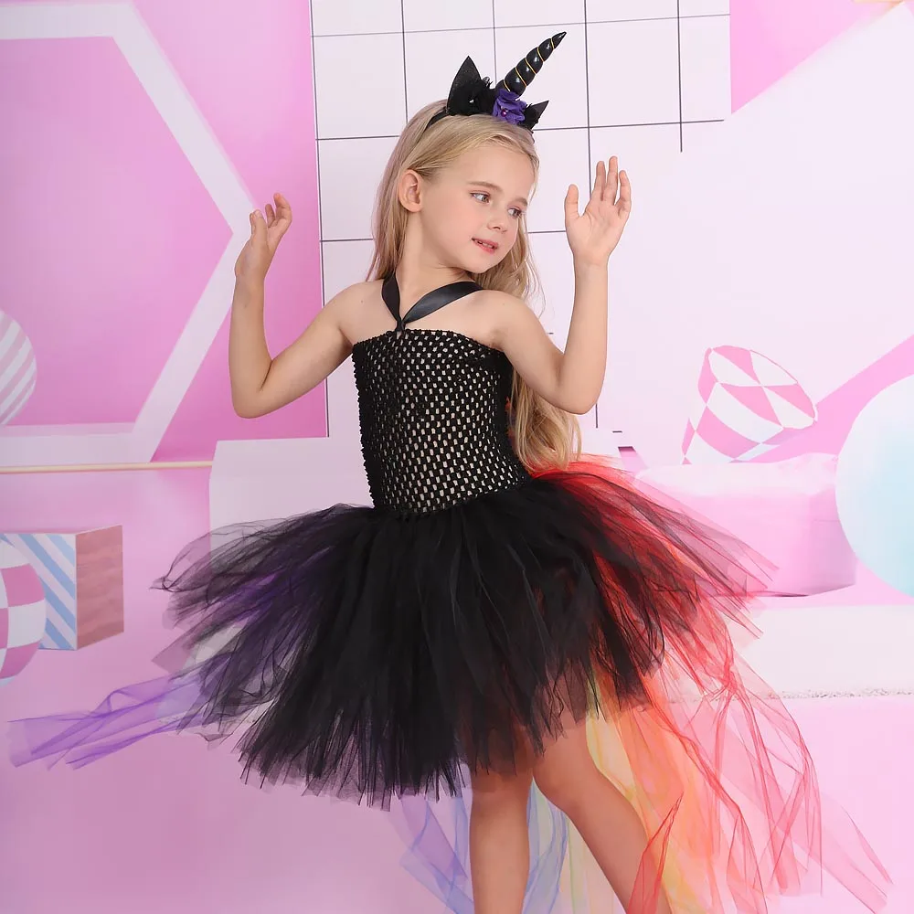 Girls Unicorn Costume Tutu Dress Kids Black Rainbow Unicorn Tulle Dress Baby Birthday Outfit Little Girls Unicorn Party Dress