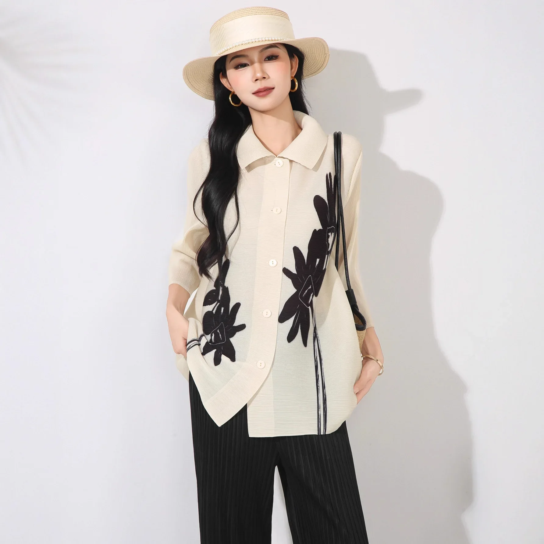 Miyake Flower Printed Shirt Women Lapel Single Breasted Three Quarter Sleeves Pleated Shirts Female New Fashion Clothes
