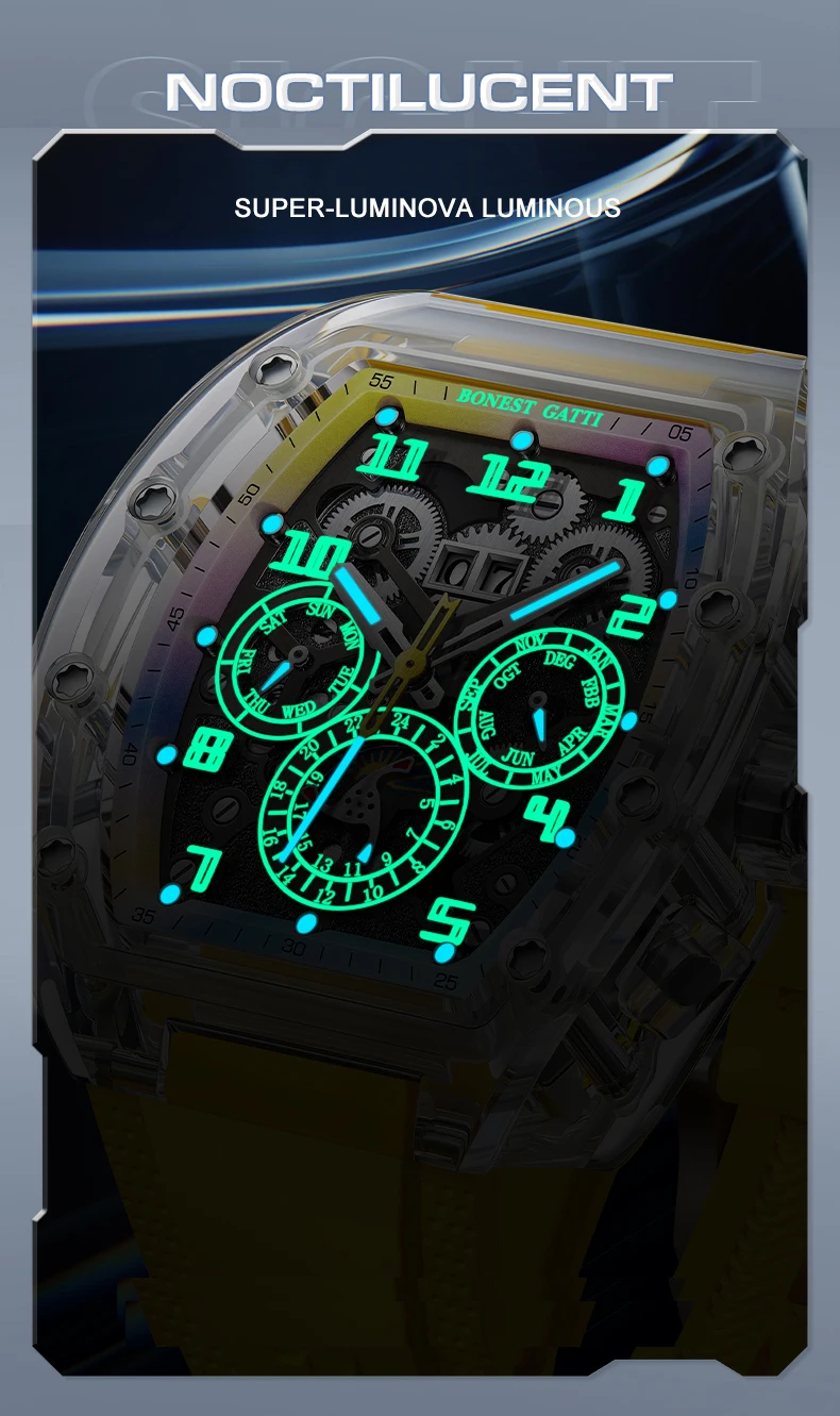 BONEST GATTI Orologio automatico da uomo di lusso 45mm Cassa tonneau Orologio da polso meccanico Luminoso cinturino in gomma fluorurata Mese Wee Date
