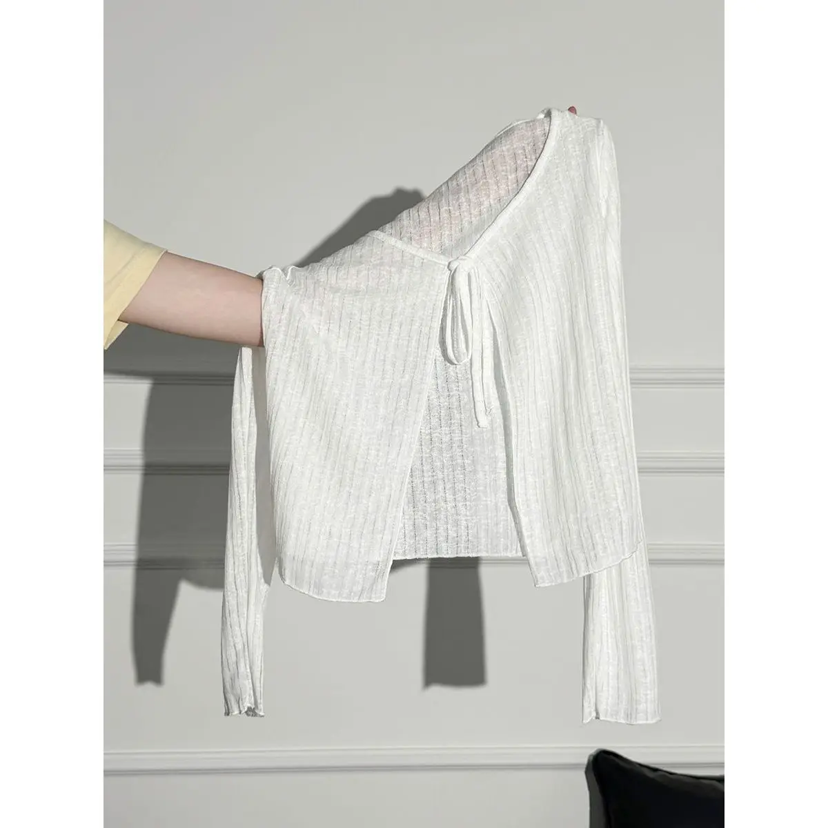 White Thin Hollow out Belted Women's Knitted Open Cardigan Short Loose Summer UV Protection Top Guangzhou Thirteenth Factory