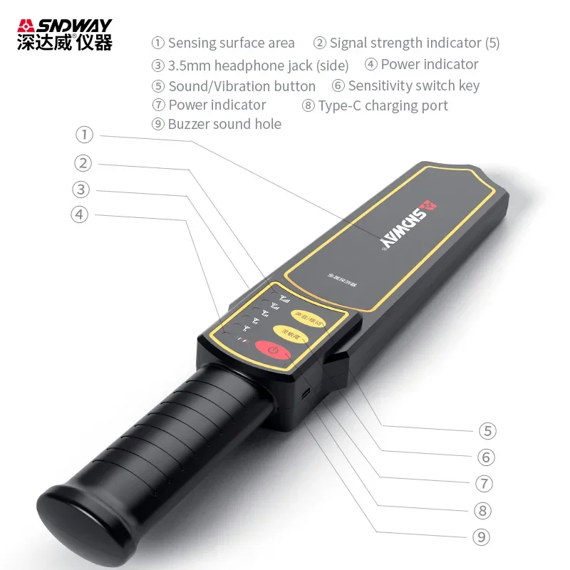 Imagem -02 - Sndway-detector de Metal de Mão Super Scanner Alta Sensibilidade Scanners de Segurança Localizador de Metal Portátil Localizador Alto Desempenho