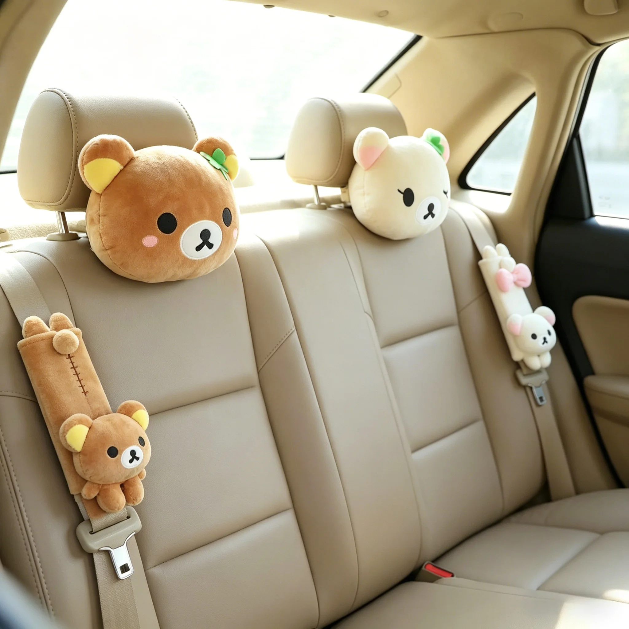Kawaii Rilakkuma Auto-Nackenkissen Sicherheitsgurt-Polster Weicher Braun-Weißer Bär Auto-Innenausstattung Niedliche Auto-Dekoration für Mädchen Frauen