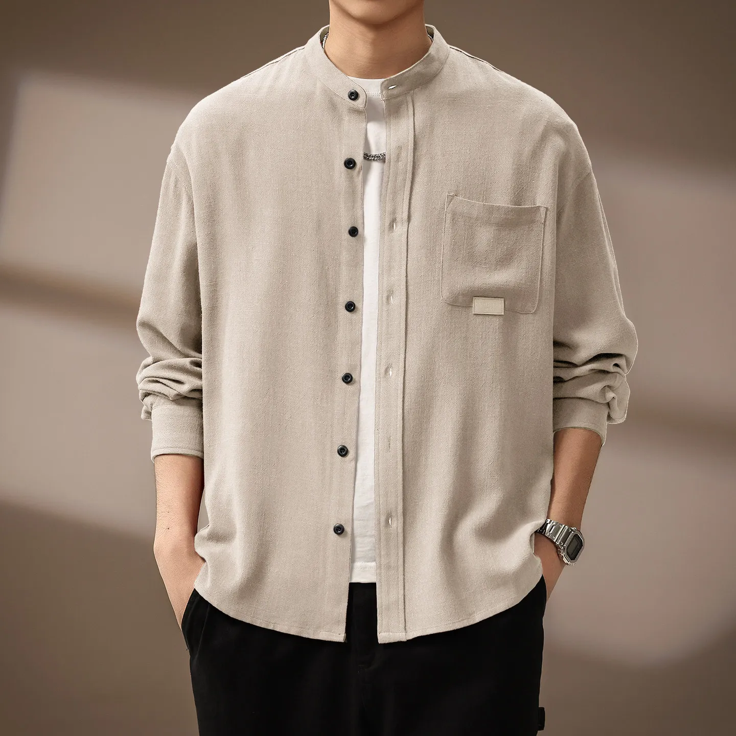 New Arrival Men's Loose Fit Button Down Shirts Fashion Solid Color Pocket Decor Work Shirts Casual Daily Outerwear Shacket