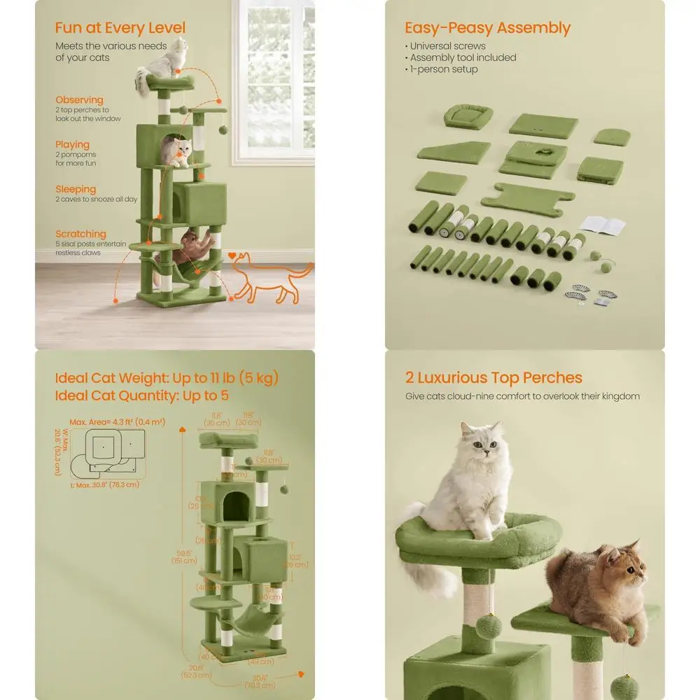 

59.5 Зеленая кошачья башня с 5 уровнями, когтеточками, лежанками, пещерками, гамаком, помпонами