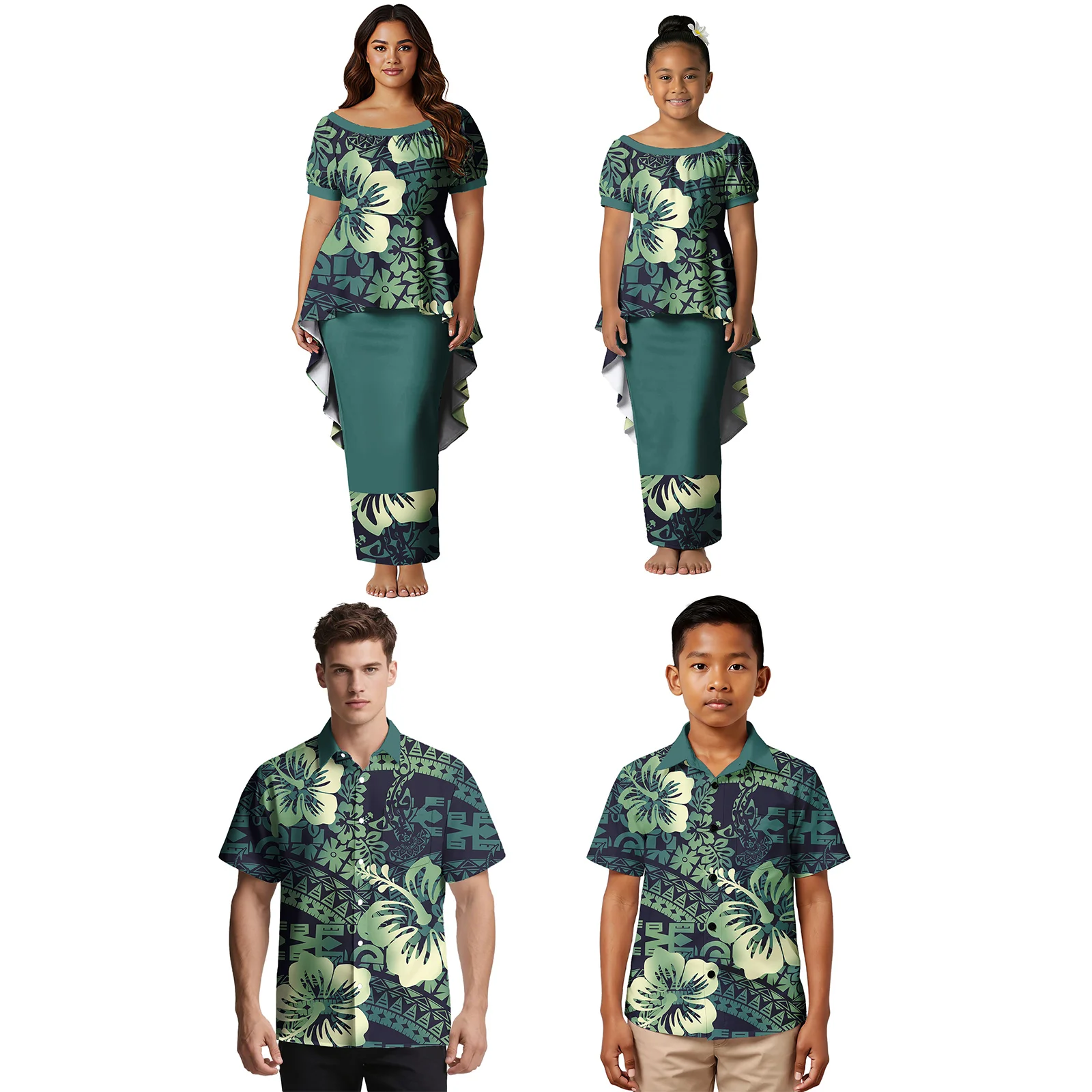 Family Parent-Child Outfit Custom Samoan Casual Mother Girl Puletasi Dress Polynesian Father Boy Shirt Hawaiian Print Family Set