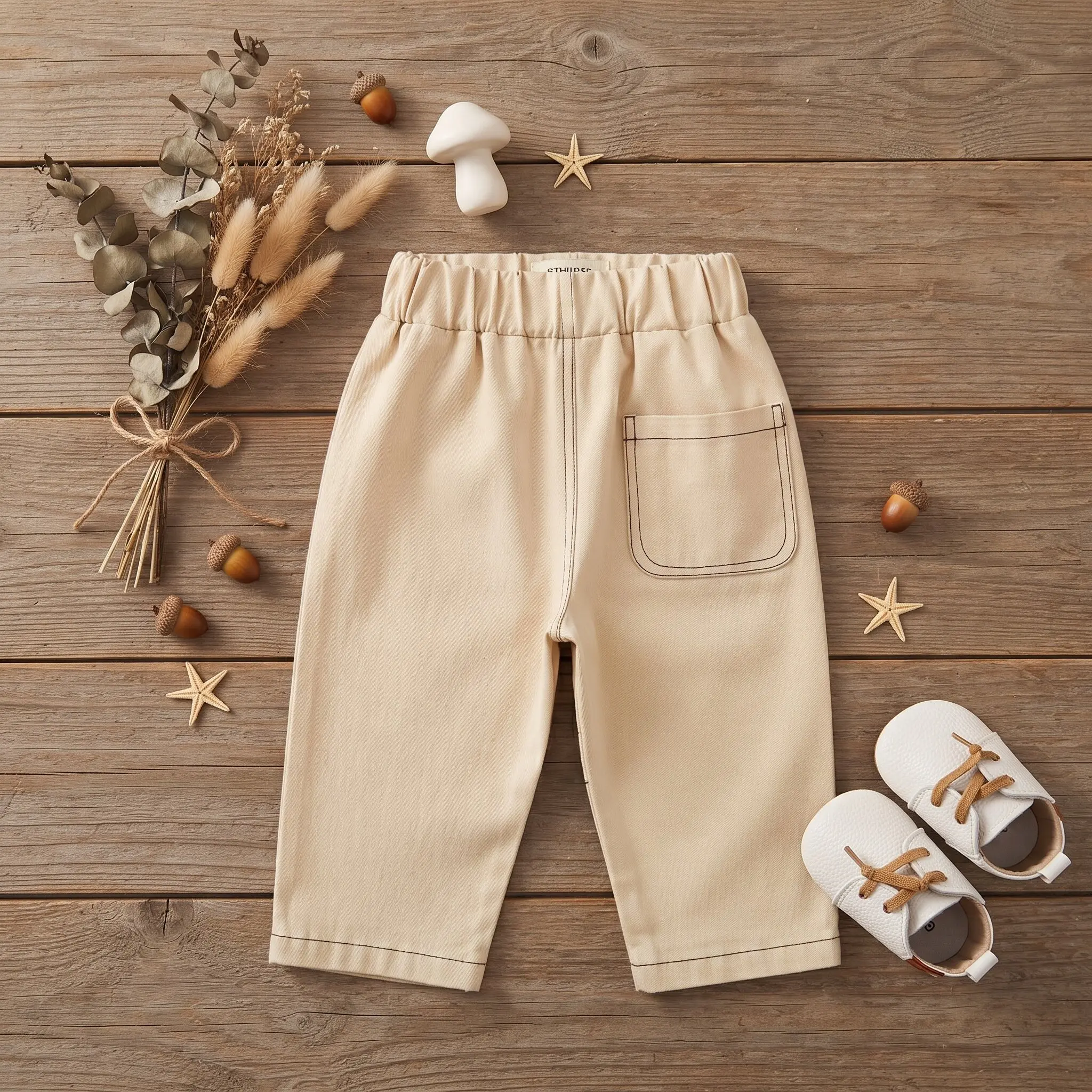 Korean Baby Beige Stitched Cargo Pants,Unisex Infant Elastic Waist Contrast Stitching Versatile Casual Trousers
