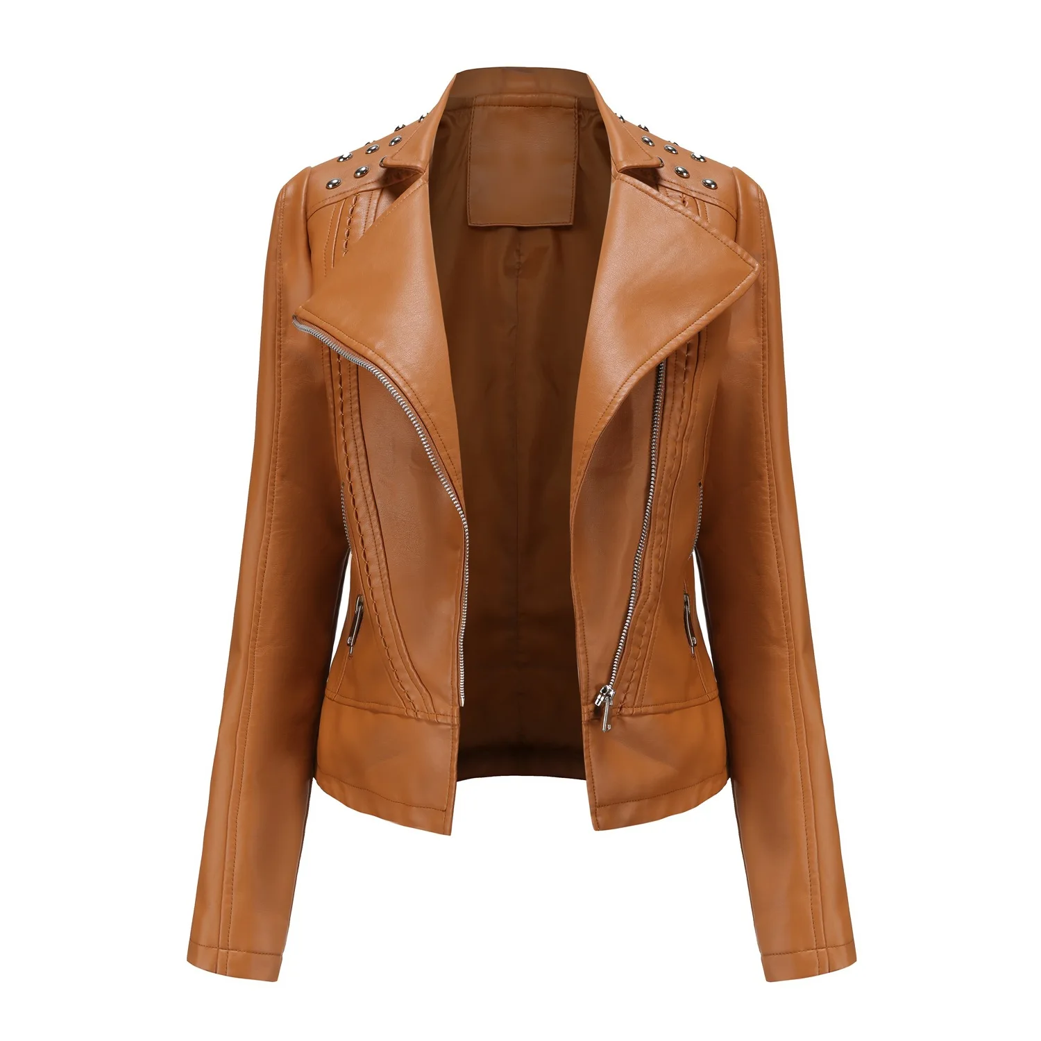 Chaqueta de moto con cremallera de manga larga para mujer, chaqueta de cuero informal, ropa sencilla y de moda, Otoño e Invierno