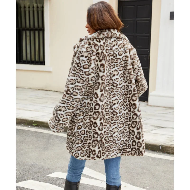 Casaco de leopardo 2024 novas mulheres casaco de pele do falso luxo inverno quente jaqueta de pelúcia feminino outwear rua moda casual alta qualidade topo