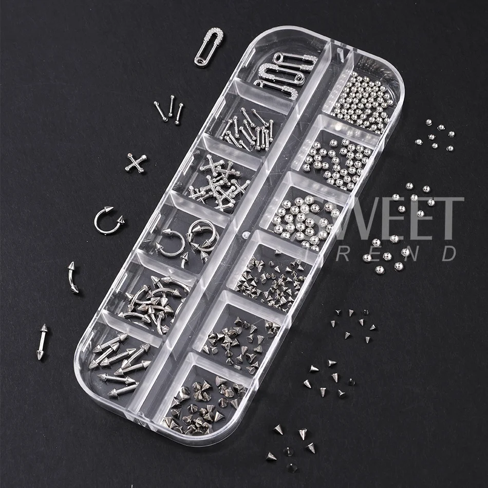 12er-Set Gothic Punk Piercing Kurvenpfeil Silber Nagelnieten Y2K Perlen Kegelnieten Nagelteile DIY Halloween Maniküre Dekoration – Detail 6