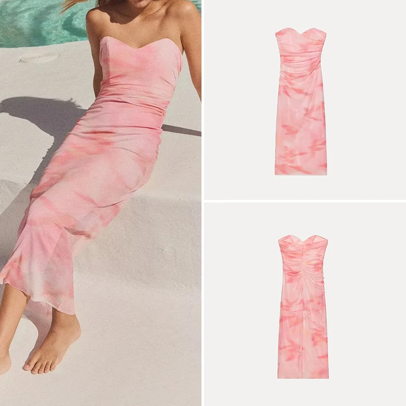 Spring 2025 Sexy Print Silk Me Tube Top oulder Bared Women's Dr Z Brand Polyester Fiber 00% Single Piece