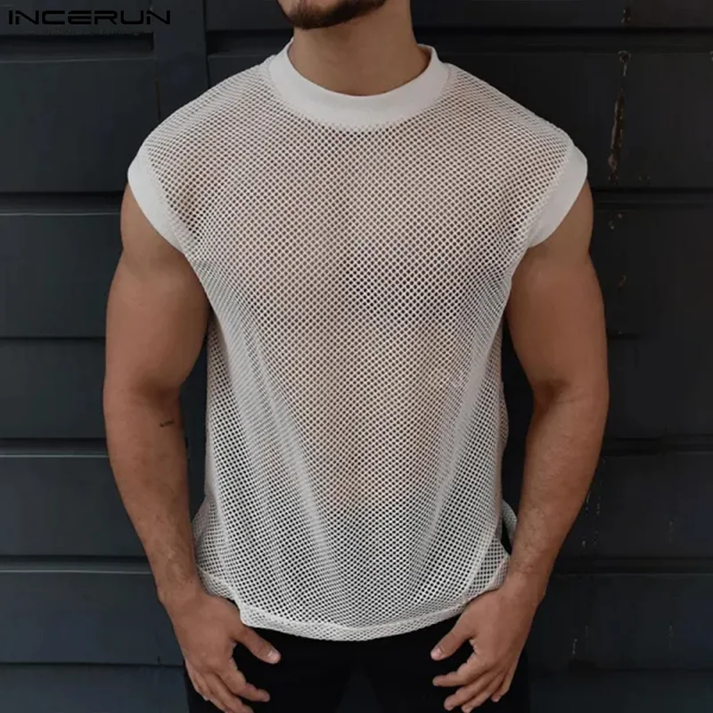 INCERUN Men\'s Tank Tops Mesh Transparent Summer O-neck Sleeveless Male Vests Streetwear 2024 Sexy Fashion Casual Men Clothing