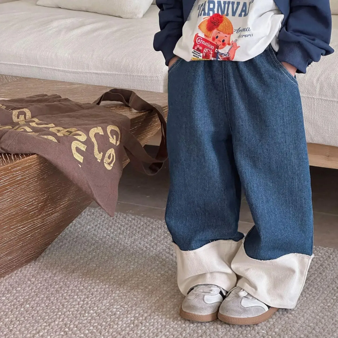 

MiniAinis Spring New Girls Blue Loose Jeans Boys Color Block Denim Children Wide Leg Pants Kids Fashion Soft Trousers 2-7 Years