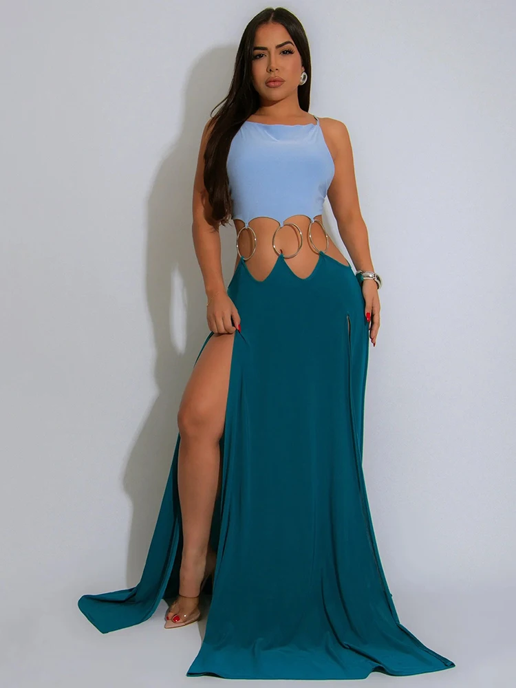 Maxivestido de playa para mujer, vestido de verano muy bajo con espalda descubierta, cintura recortada, Patechwork, cuello Halter, vestido de tirantes finos Sexy