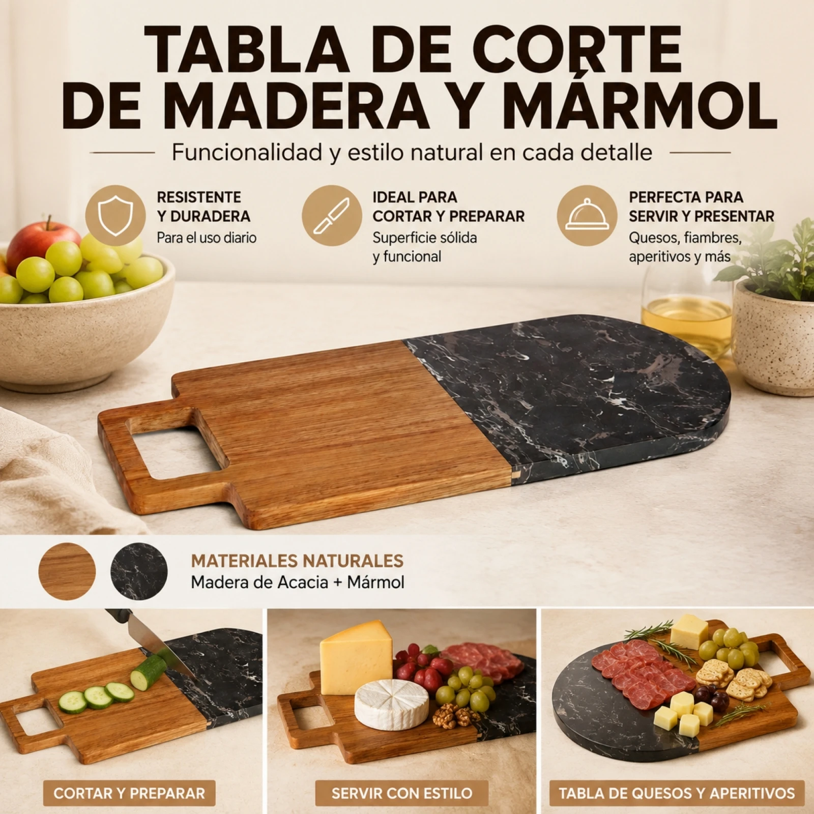 Planche à découper et à servir en bois d'acacia et en marbre noir, plateau à fromage et à charcuterie avec poignée, ustensile de cuisine élégant pour les amuse-gueules et les tapas, 38 x 18 x 1,5 cm