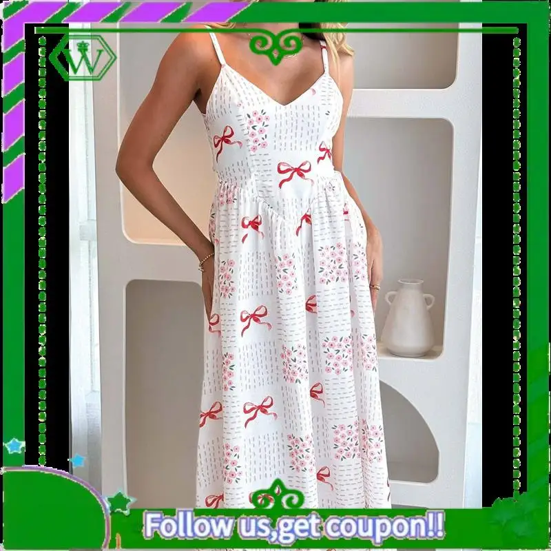 A18P-Vestito lungo estivo da donna 2025, abito lungo da spiaggia Boho con smock floreale senza maniche