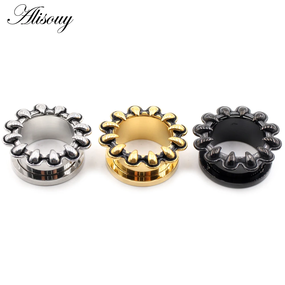 Alisouy 2pcs 8-25mm Stainless Steel Fangs Claw Thread Ear Tunnels Plugs Flesh Expanders Stretchers Gauges Piercing Body Jewelry