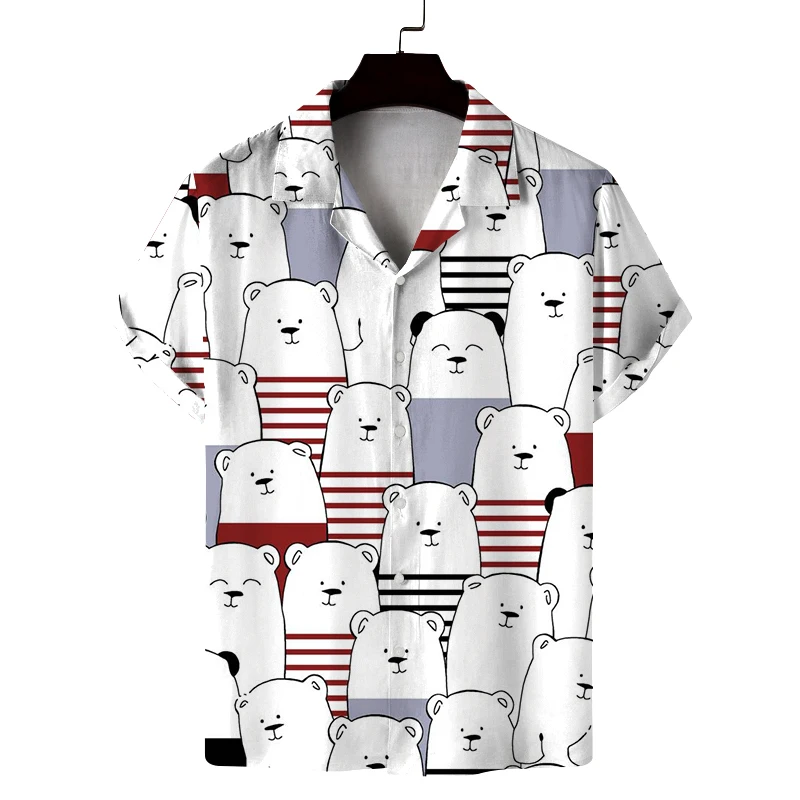 Men's Summer Cuban Collar Short-Sleeved Shirt with Bear Pattern Print Men's Shirt Comfortable, Breathable and Versatile