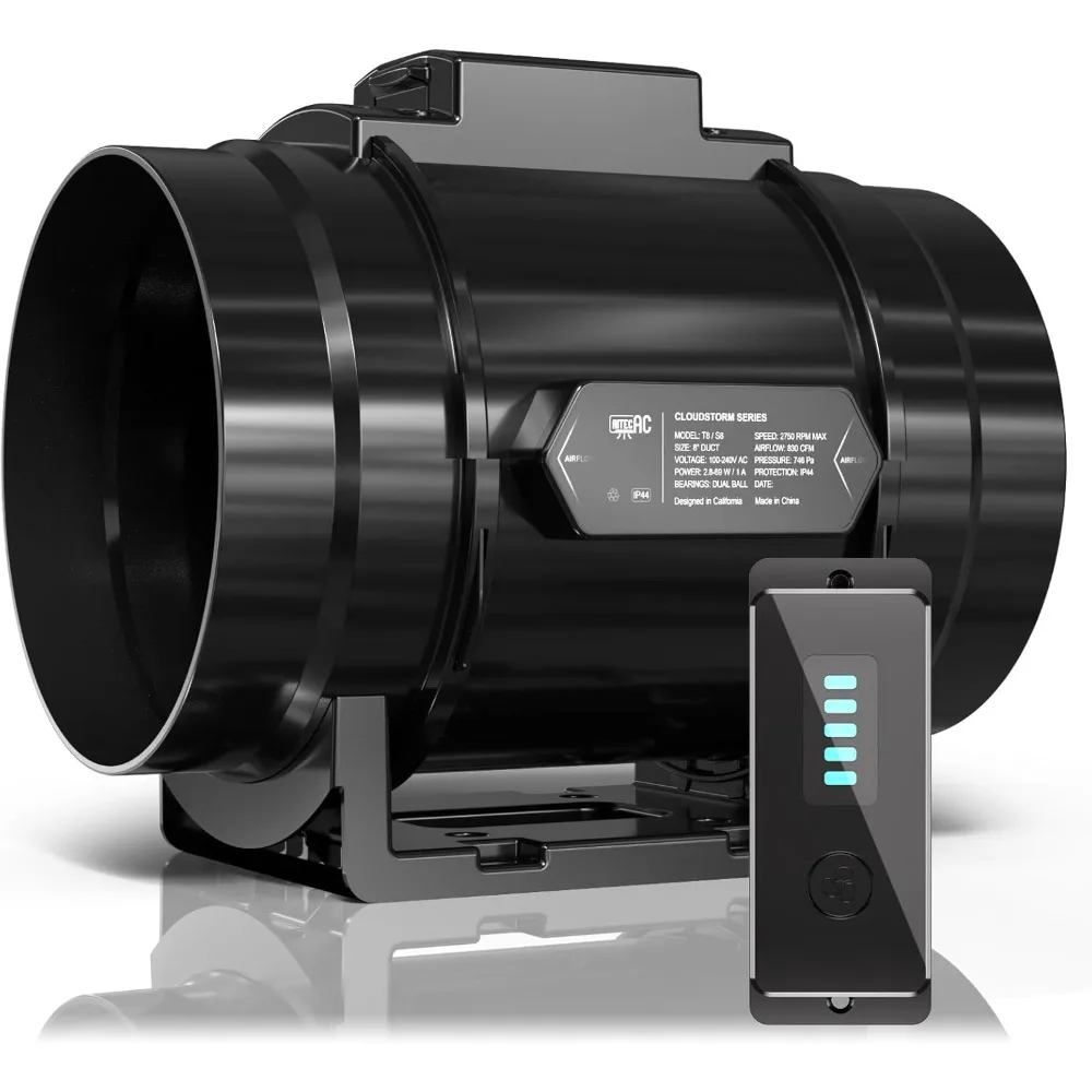 مروحة قناة مضمنة هادئة مقاس 8 بوصة مع مروحة خيمة نمو وحدة تحكم في السرعة، مروحة عادم تهوية للتدفئة والتبريد، CloudStorm S8