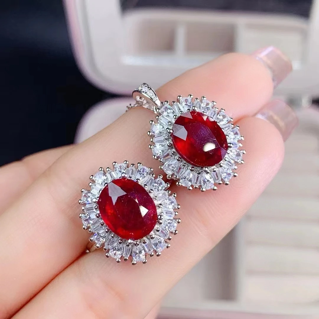 KJJEAXCMY Ancient Craftsmanship Natural Myanmar Boutique Ruby Set Women's Ring Necklace Set with Inspection Certificate