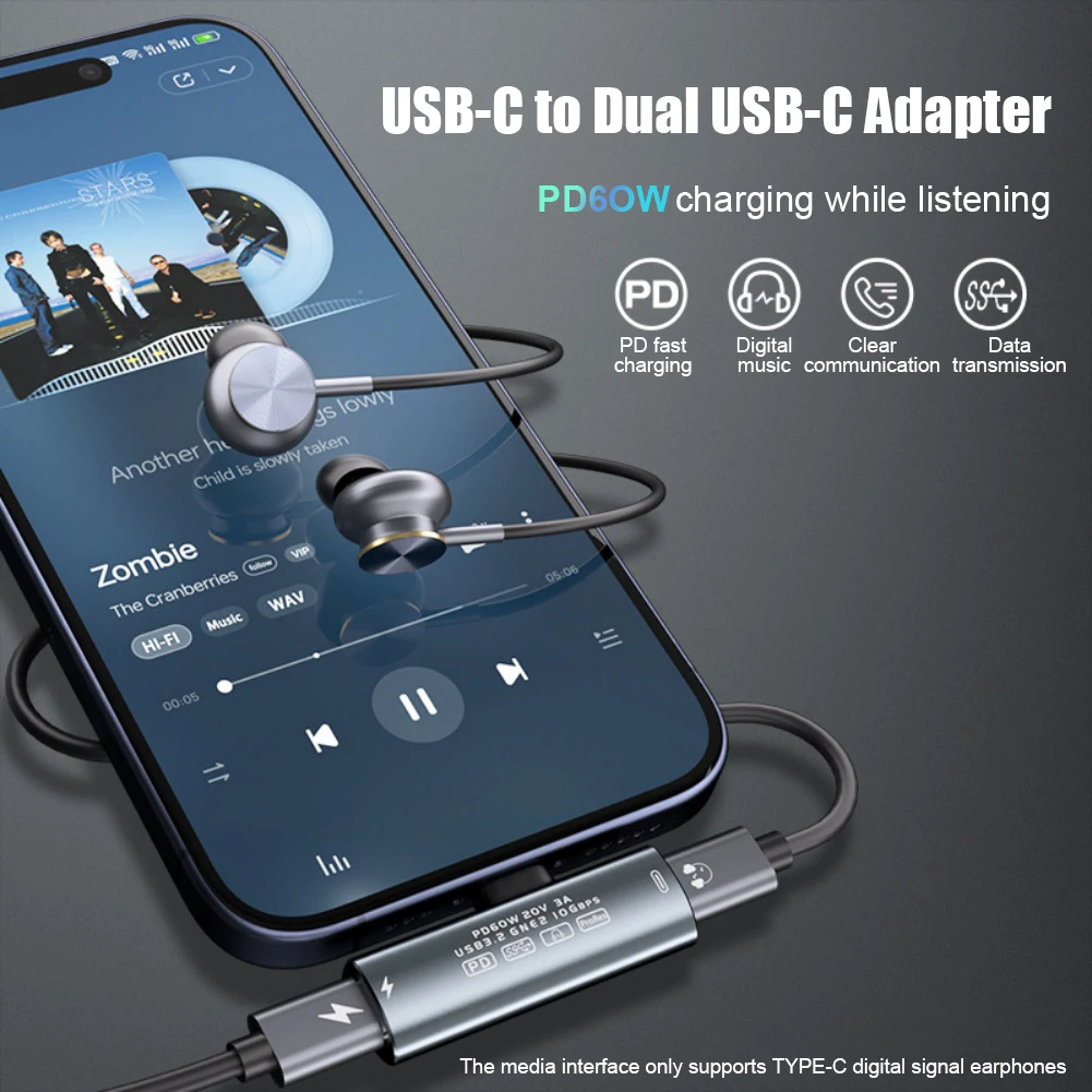 2 In 1 USB C Splitter Dual Type C Headphone Charger Adapter 60W Fast Charging 3.2 USB-C Converter Compatible For Galaxy S22