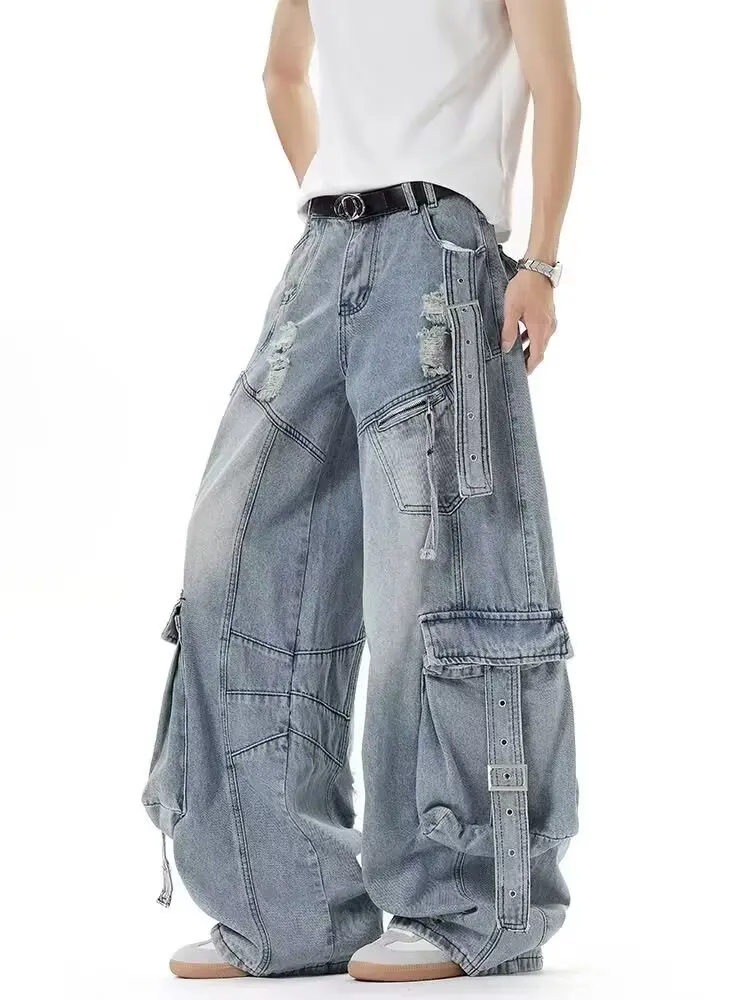 American Style Men's Jeans Solid Color Multi Pockets Casual Worn-out Trousers Deconstruction Wide Leg Denim Pants