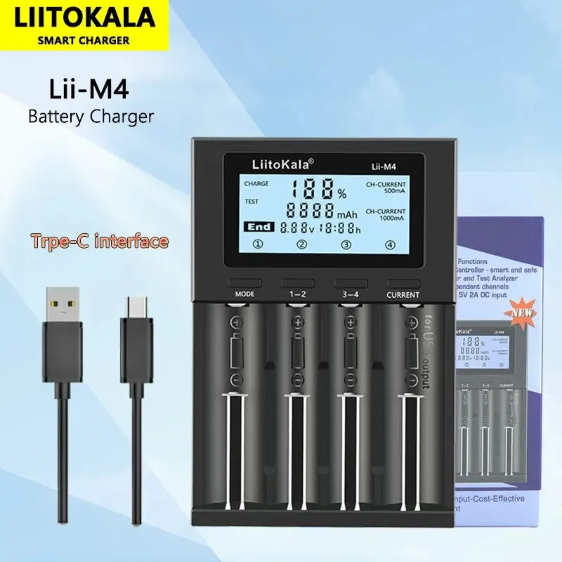 LiitoKala Lii-M4 18650 LCD Display Smart Charger kapasitas tes cocok untuk 3.7V 26650 18350 21700 18500 1.2V AA AAA 4 slot