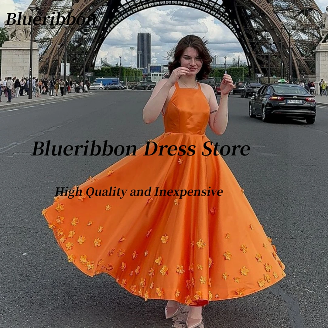 

Blueribbon Handmade 3D-Flowers Satin A Line Prom Dresses Halter Neck Sleeveless Holiday Party Girls Evening Gowns