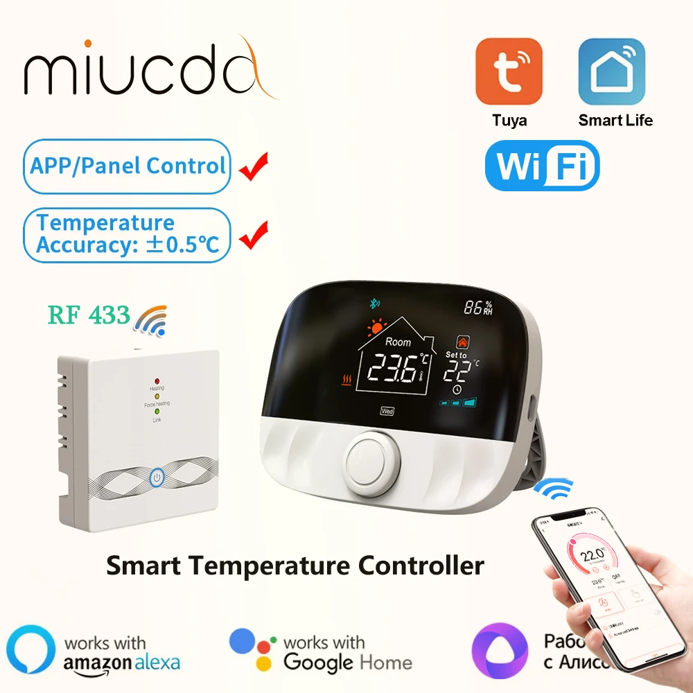 MIUCDA Tuya Smart Home WiFi Thermostat,RF433 Wireless Floor Heating Water Gas Boiler Smart Living Temperature Controller