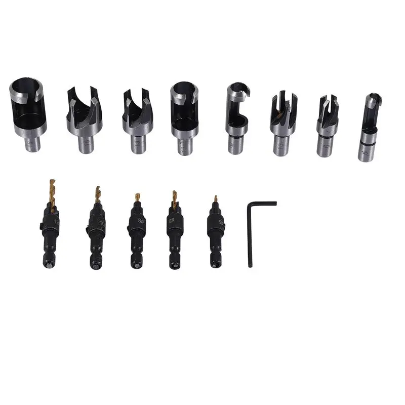 a20q-14個入り木製プラグ穴カッター面取りプラグカッタードリルビット5スロットカウンターシンクドリル1-4インチ六角スパナツールセット