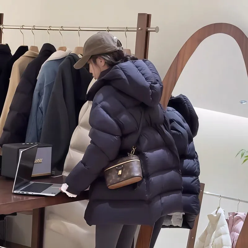 Nieuwe stijl 90% donsverdikte witte eend donsjack, Koreaanse stijl bladerdeegjas voor dames, halflang met capuchon donsjack dames