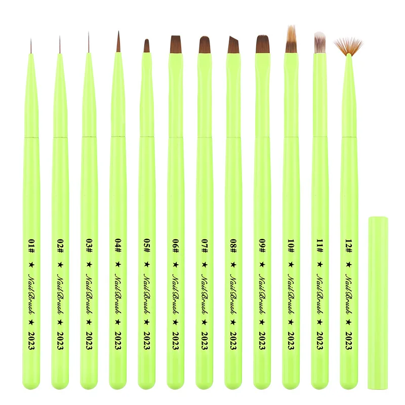 1/12 قطعة فرشاة أظافر خضراء فرشاة جل للتقليم جل الأشعة فوق البنفسجية من الإكليريك تمديد القلم طلاء الأظافر فرشاة الرسم