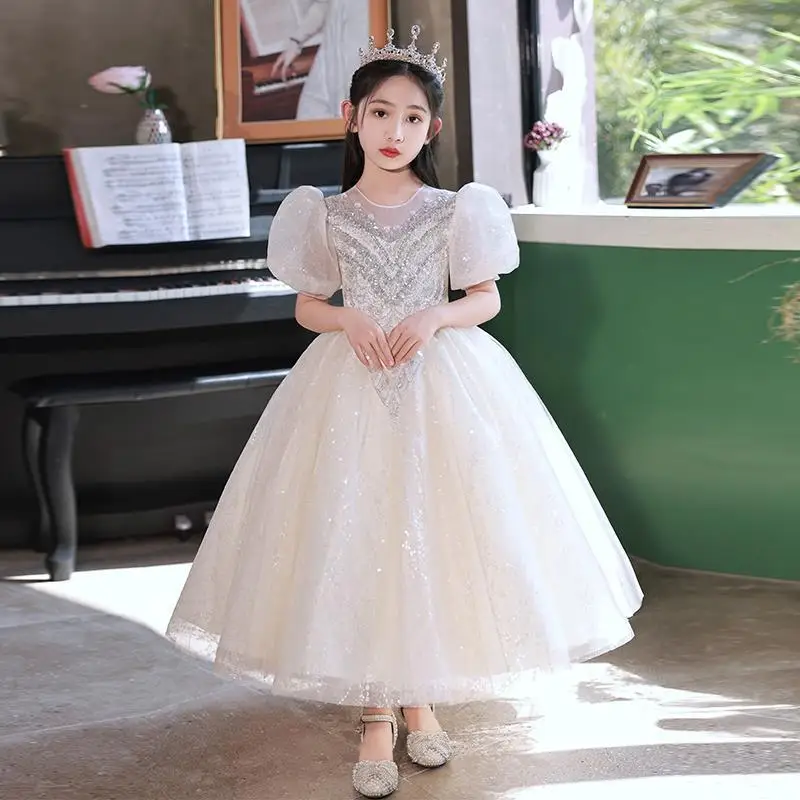 Girls Banquet Dress Birthday Party Evening Princess Dresses Children Kids Puff Sleeve Shiny Sequin Beaded Champagne Ball Gown