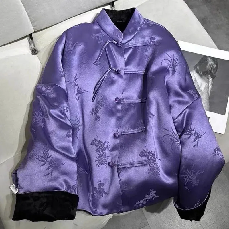 

Purple Satin Jacquard Cotton Thick Coat Soft Autumn Winter Women Long Sleeve Jacket Chinese Frog Button Outwear